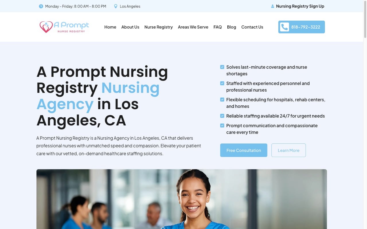 A Prompt Nursing Registry website built by Spectral Vision